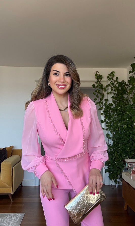 SLEEVE WITH TULLE DETAIL STONE-EMBELLISHED SUIT - PİNK