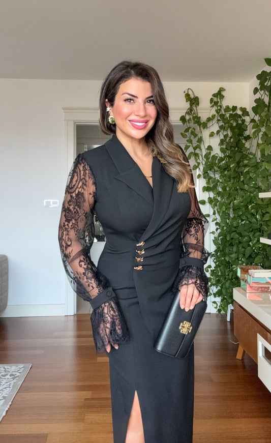 GOLD BUTTON DETAILED LACE SLEEVE WRAP DRESS – BLACK