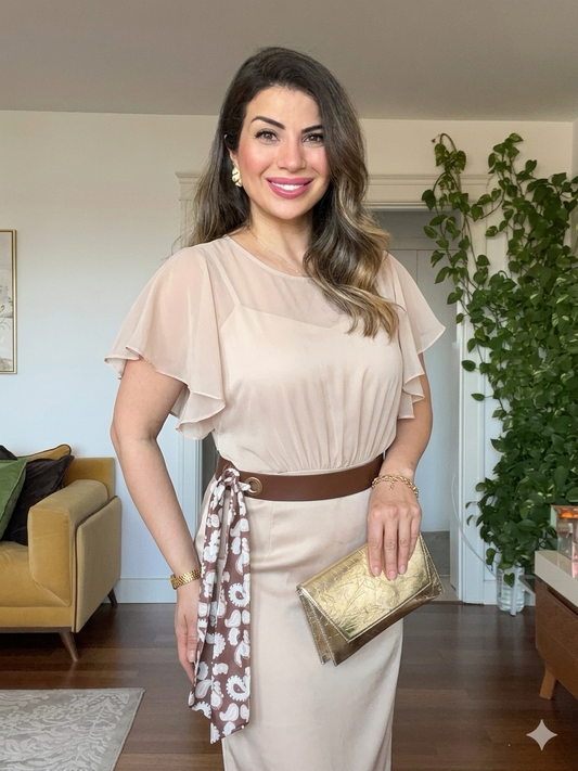CHIFFON DETAILED MIDI DRESS WITH BELT ACCESSORY - BEIGE