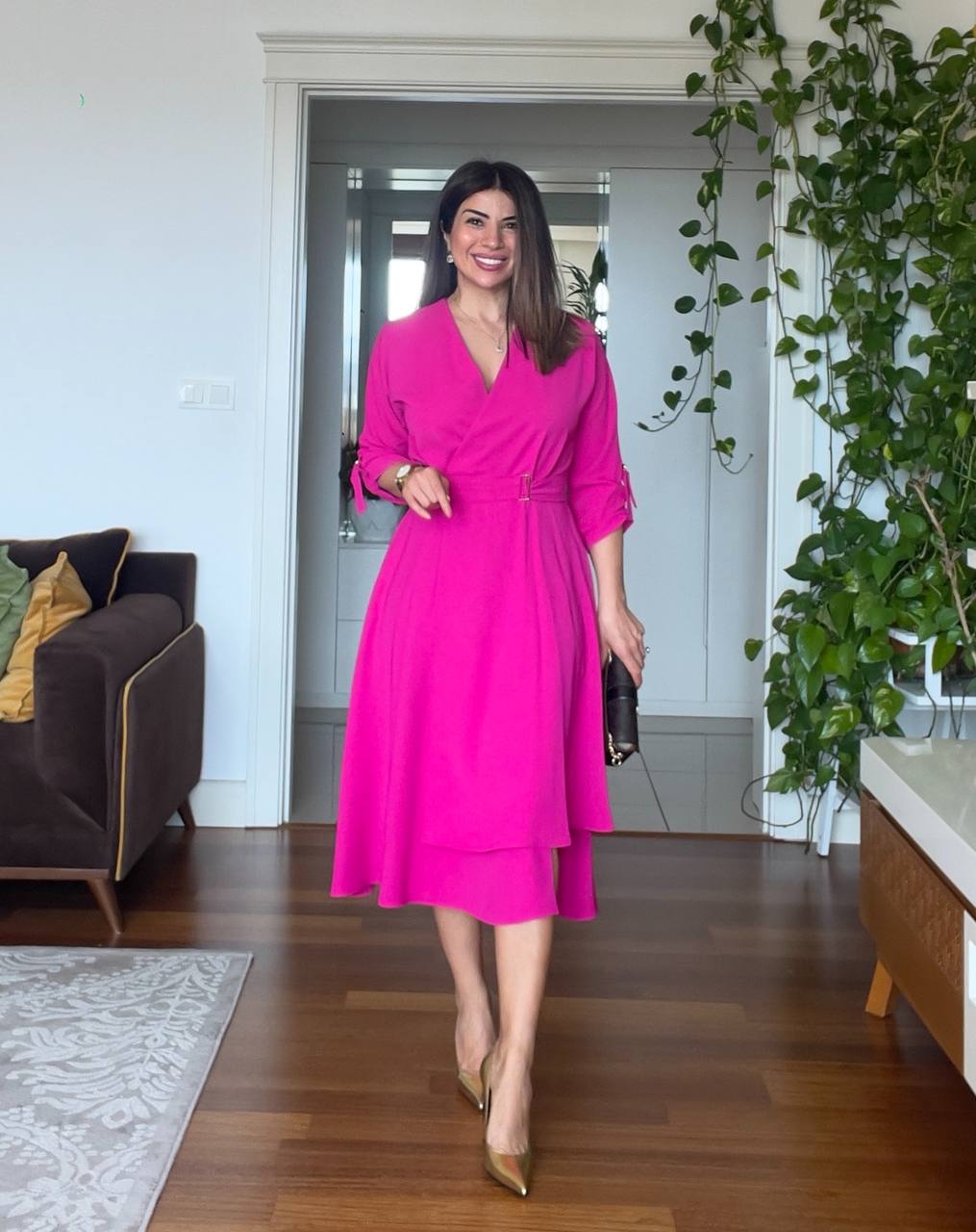 BELTED MIDI DRESS - FUCHSIA