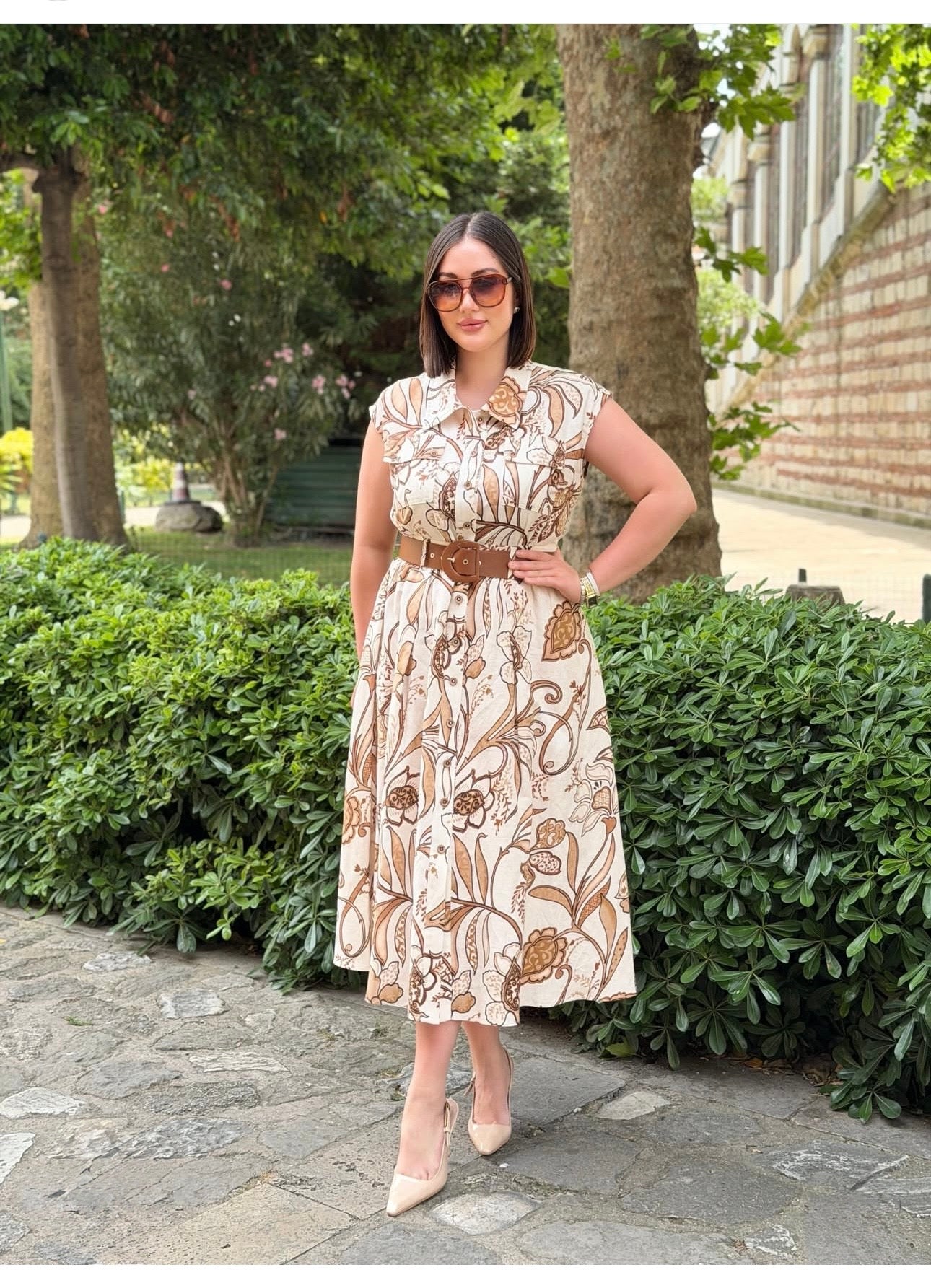 FLORAL PATTERNED BELTED MAXI DRESS - CREAM