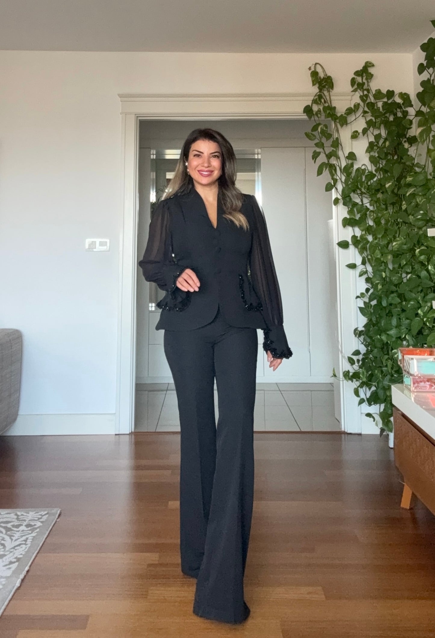 EMBELLISHED CHIFFON SLEEVE BLAZER SUIT - BLACK