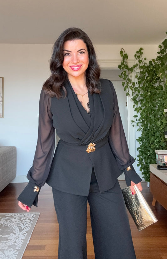 CROSSOVER NECKLINE SHEER SLEEVE WIDE-LEG JUMPSUIT WITH GOLD-TONE DETAILS - BLACK