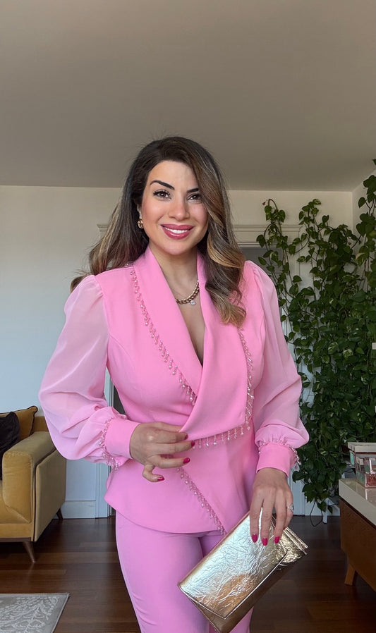 SLEEVE WITH TULLE DETAIL STONE-EMBELLISHED SUIT - PİNK