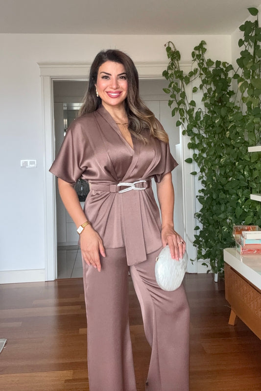 SATIN TWO-PIECE SET WITH WRAP TIE DETAIL - MOCHA BROWN