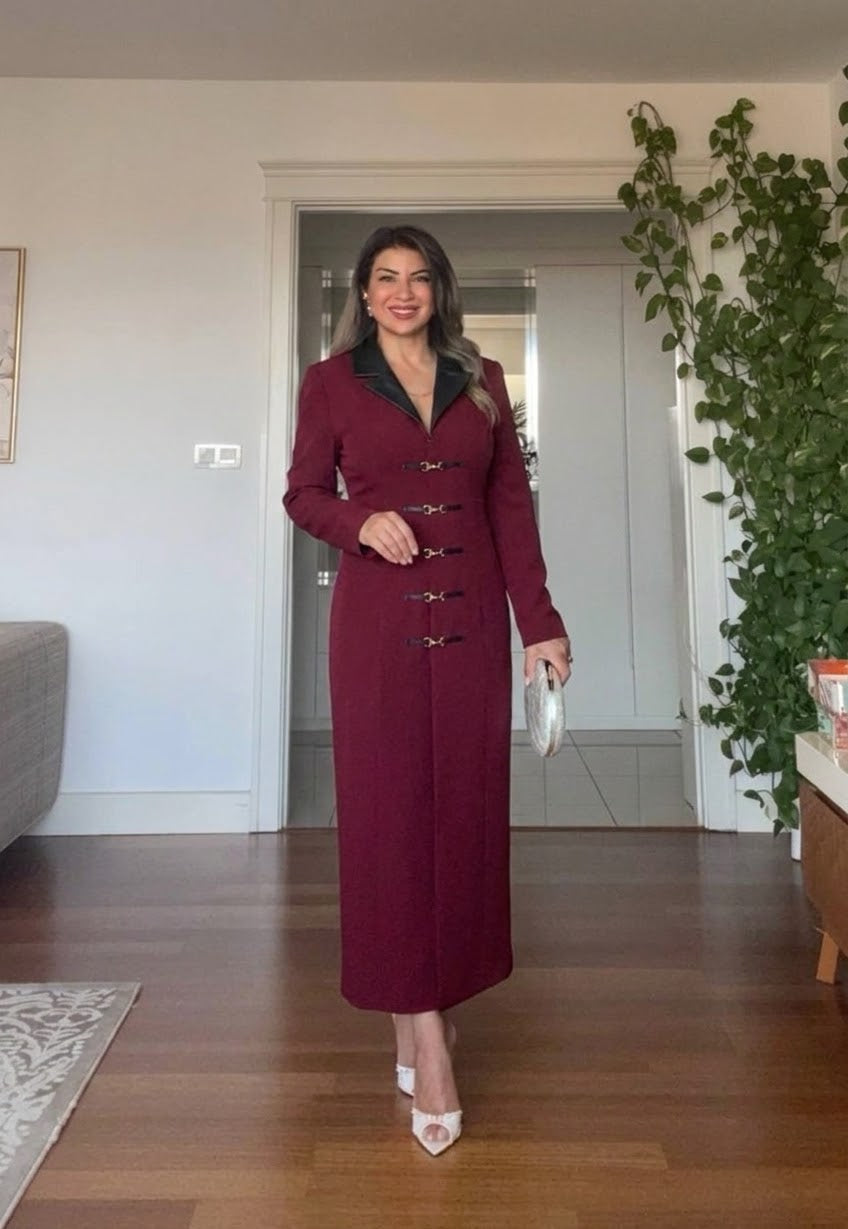 BELTED LEATHER COLLAR MIDI DRESS - BURGUNDY