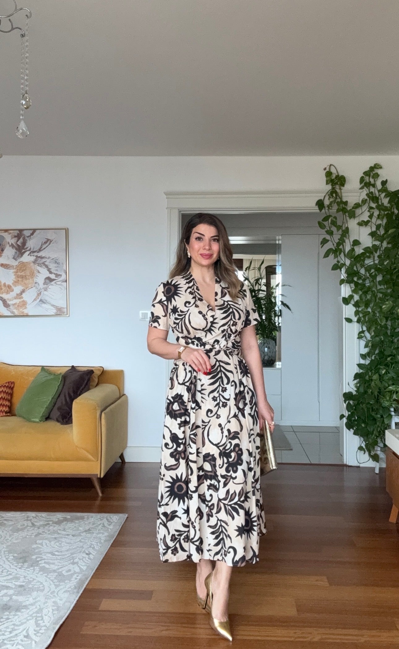 V-NECK WAIST-TIE ETHNIC PRINT FLARE DRESS - BLACK