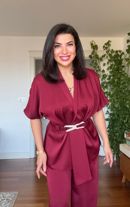 SATIN TWO-PIECE SET WITH WRAP TIE DETAIL