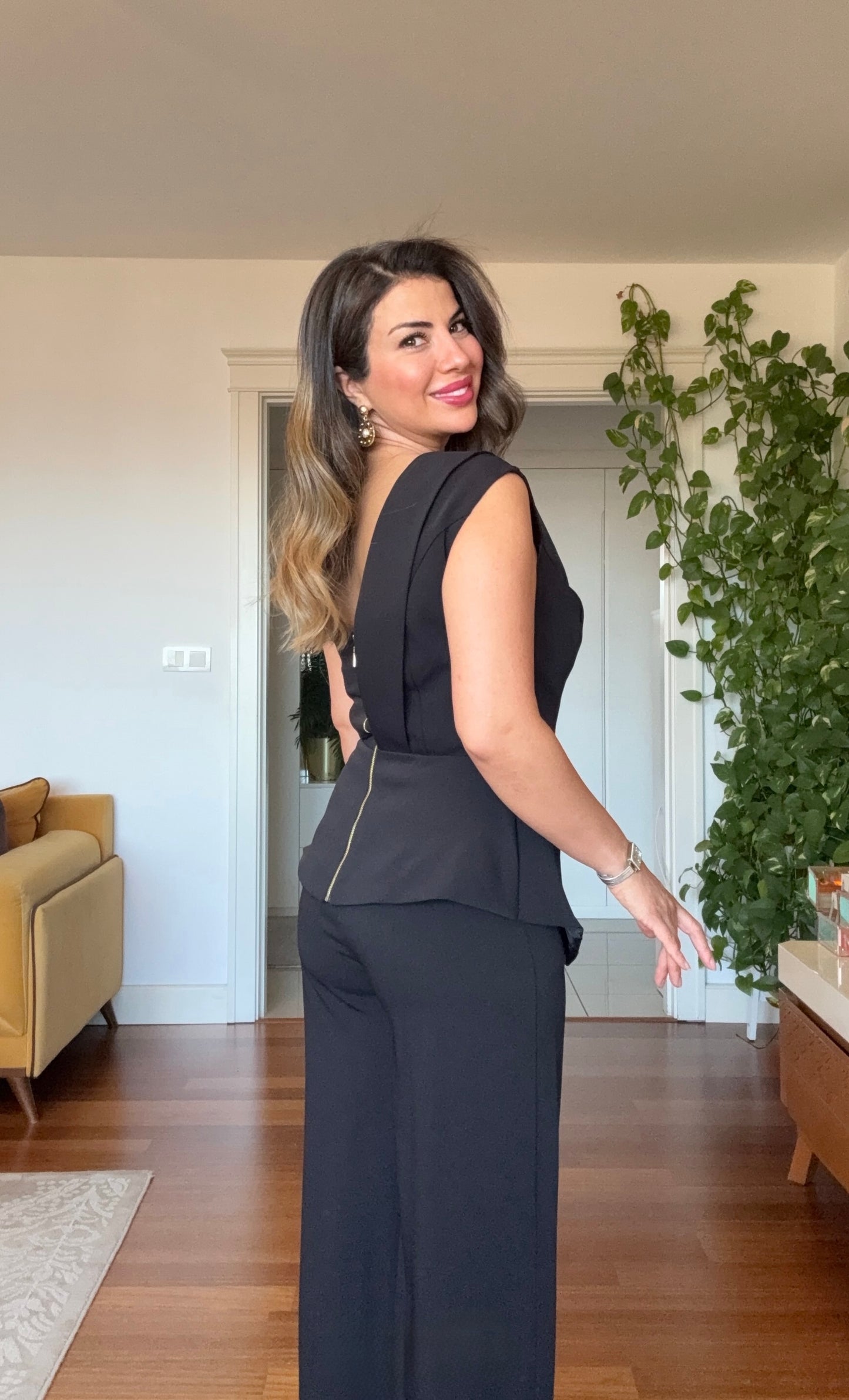 ASYMMETRIC ONE-SHOULDER BLAZER COLLAR WIDE-LEG SUIT - BLACK