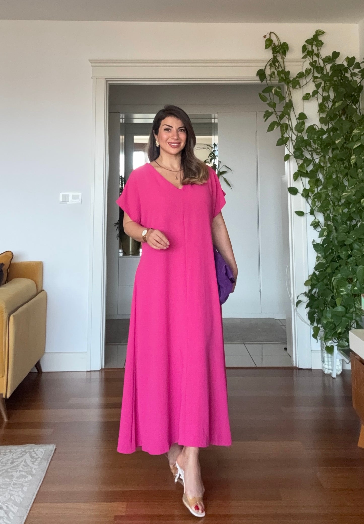 V-NECK OVERSIZED MAXI DRESS - FUCHSIA