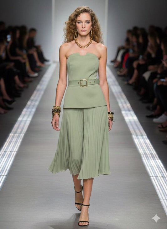 V-NECK BELTED PLEATED MAXI DRESS - GREEN