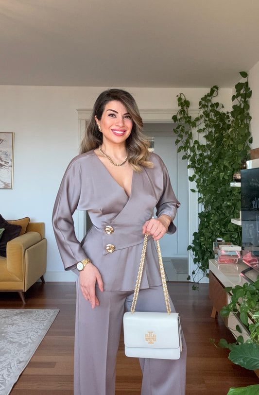 ELEGANT WRAP PEPLUM SUIT – MINK