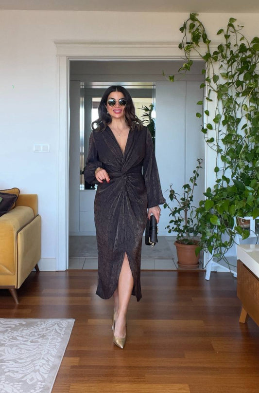 FRONT RUCHED DRESS - BROWN