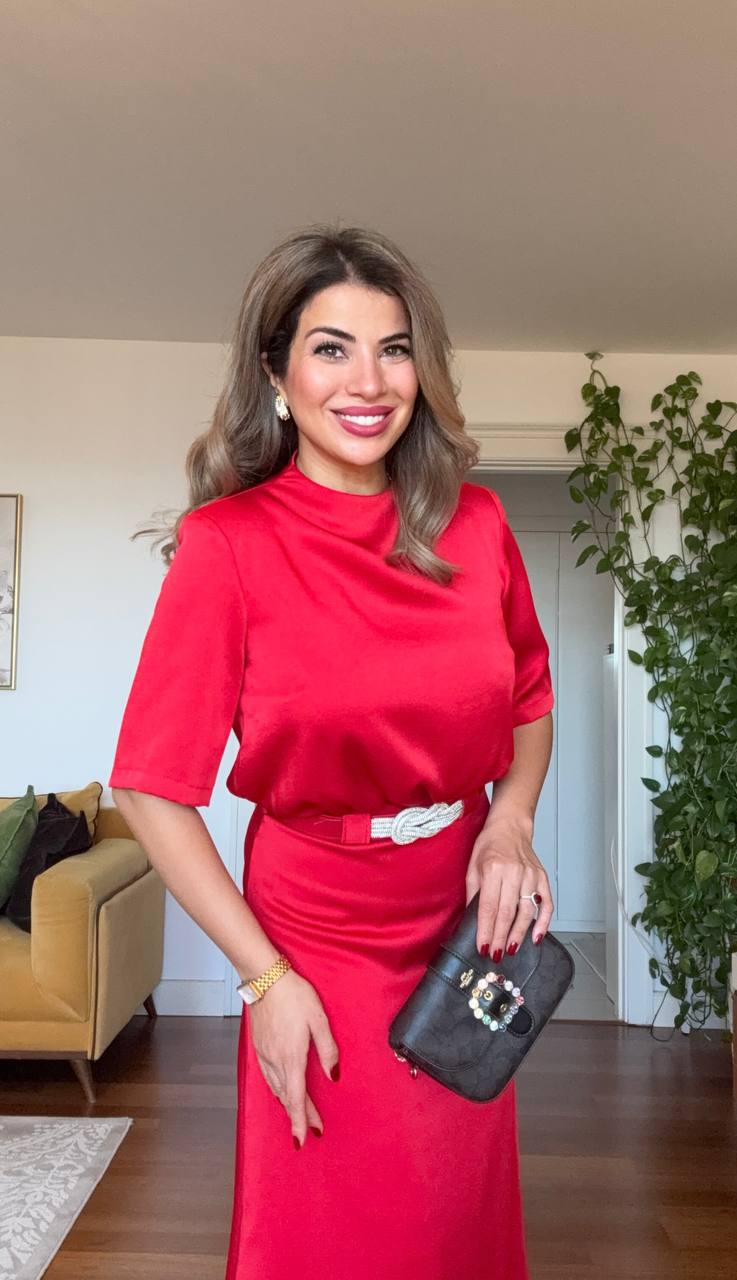 SATIN DRAPED NECK BELTED MIDI DRESS – RED