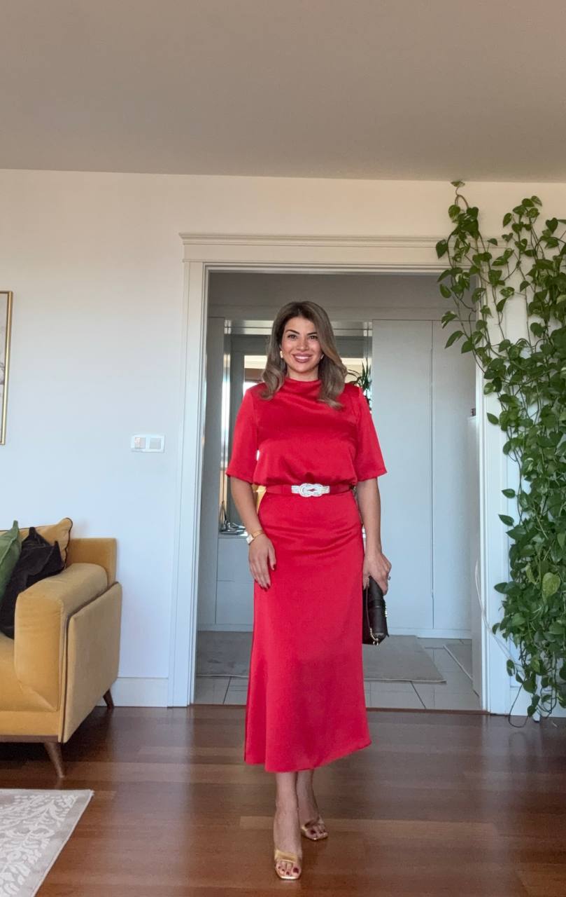 SATIN DRAPED NECK BELTED MIDI DRESS – RED