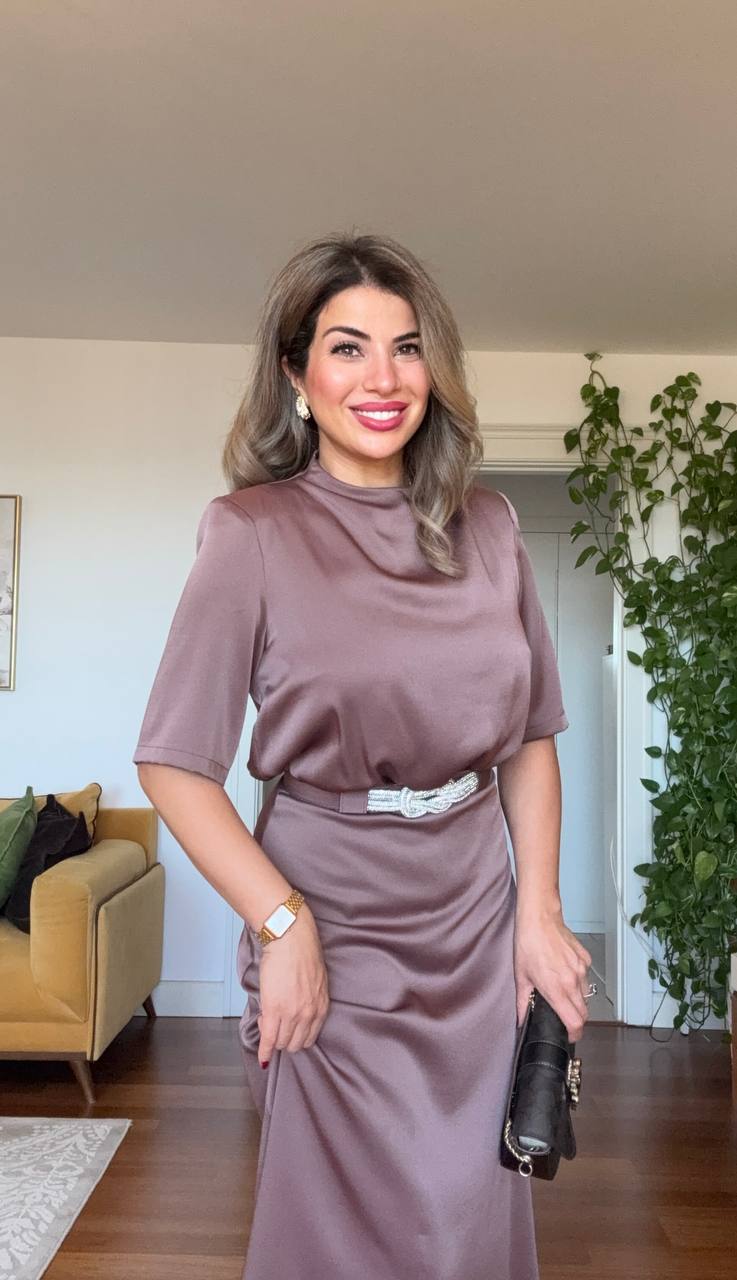 SATIN DRAPED NECK BELTED MIDI DRESS – MOCHA BROWN