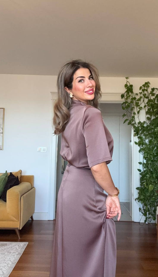 SATIN DRAPED NECK BELTED MIDI DRESS – MOCHA BROWN