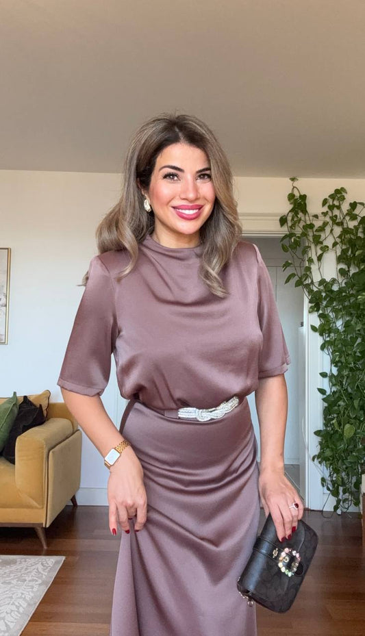 SATIN DRAPED NECK BELTED MIDI DRESS – MOCHA BROWN