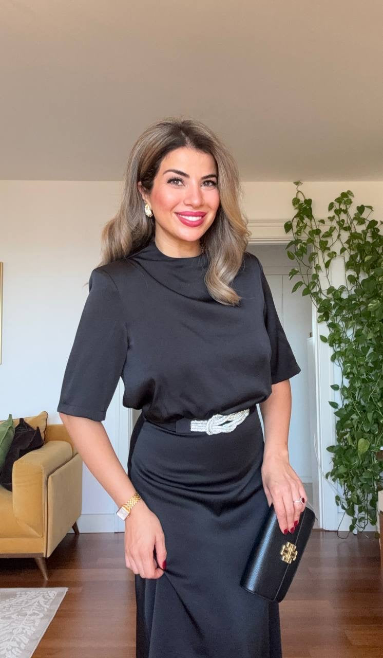 SATIN DRAPED NECK BELTED MIDI DRESS – BLACK