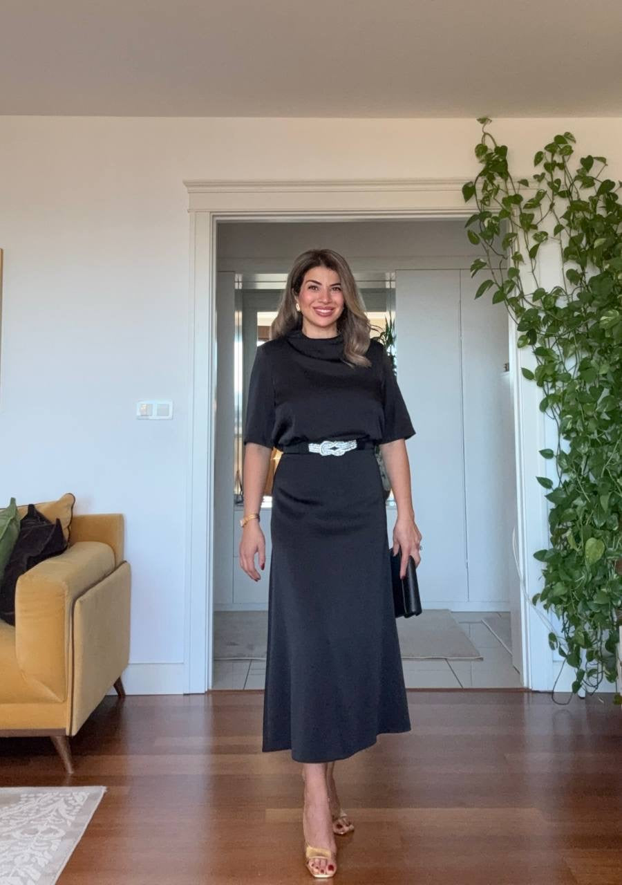 SATIN DRAPED NECK BELTED MIDI DRESS – BLACK