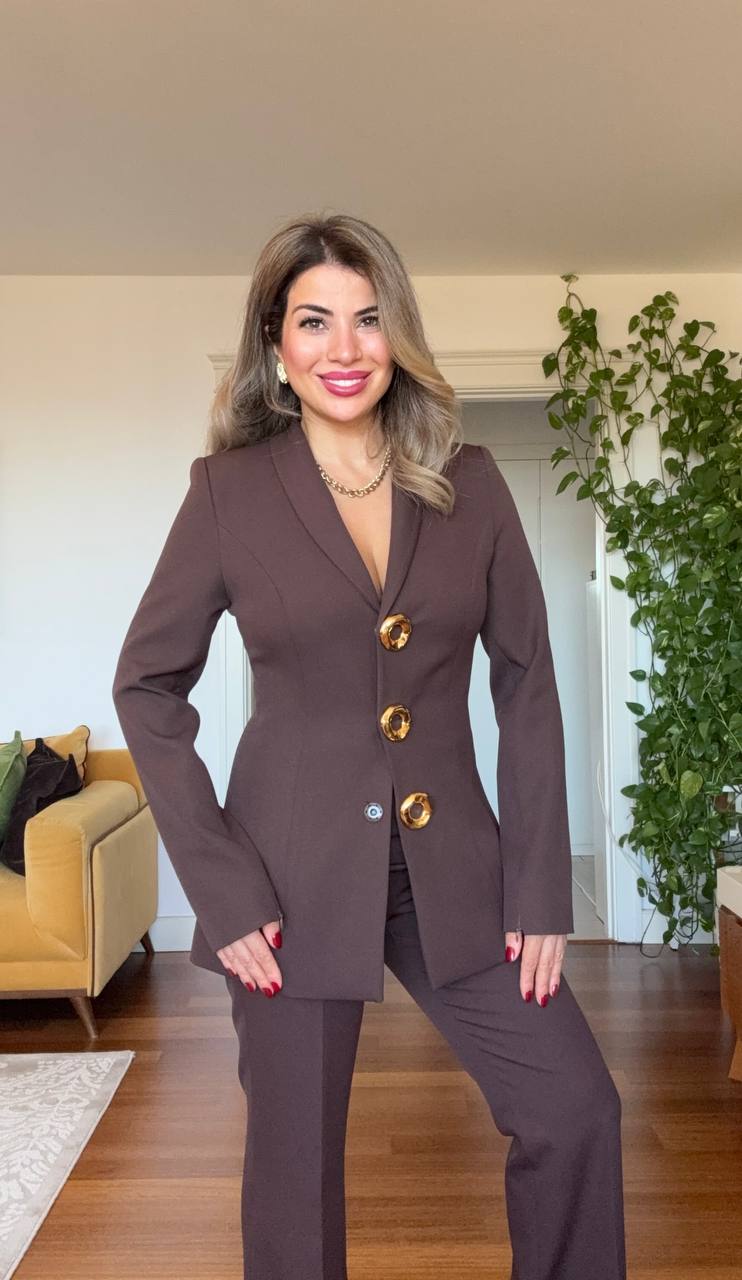 LEOPARD DETAIL BUTTONED BLAZER SUIT – BROWN