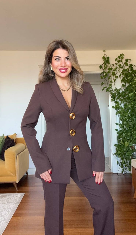 LEOPARD DETAIL BUTTONED BLAZER SUIT – BROWN