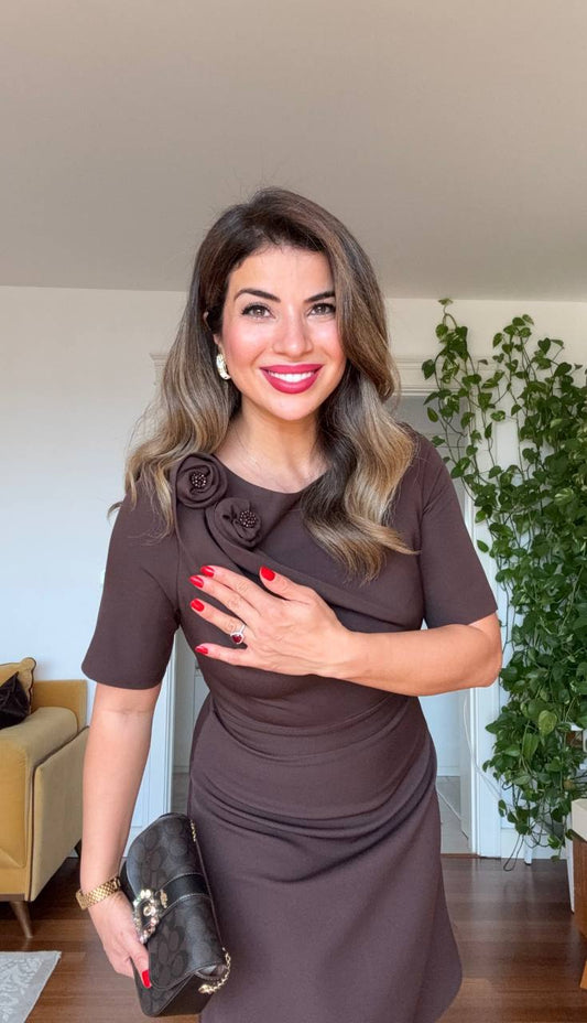 CLASSIC DRESS WITH SHOULDER FLOWER DETAIL – CHOCOLATE BROWN