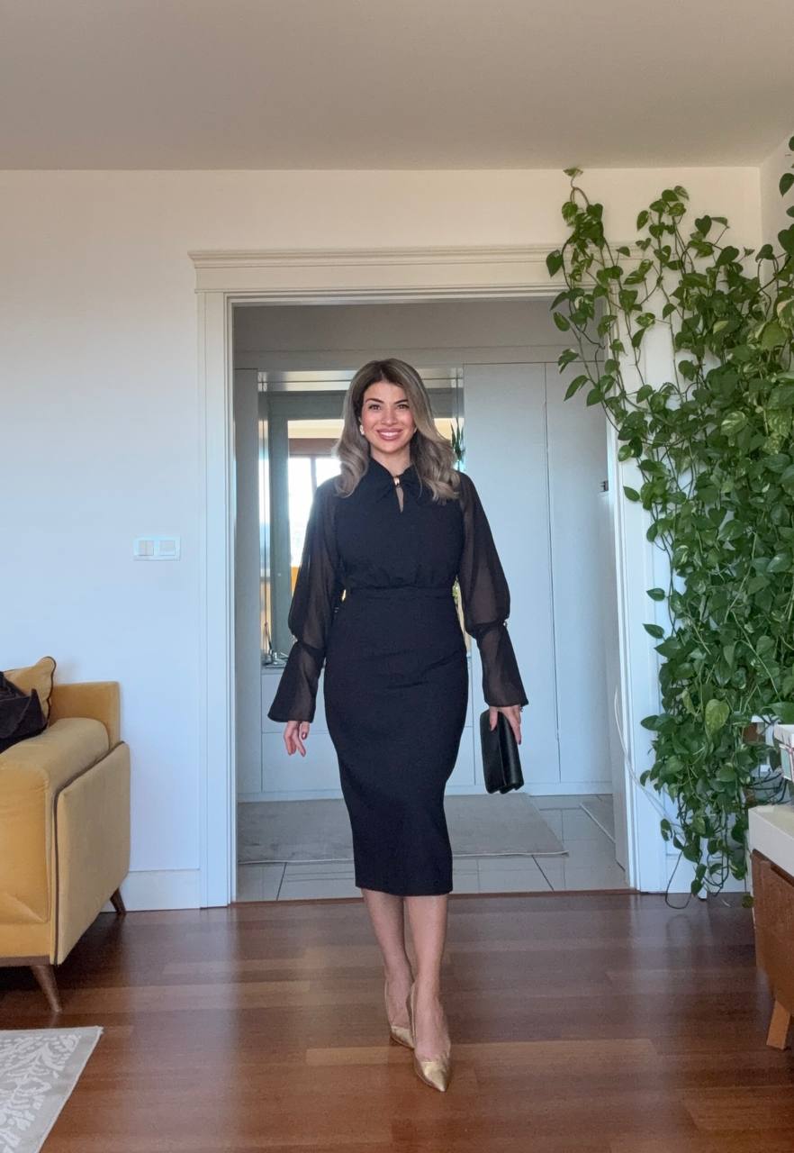 ELEGANT CHIFFON SLEEVE BELTED MIDI DRESS – BLACK