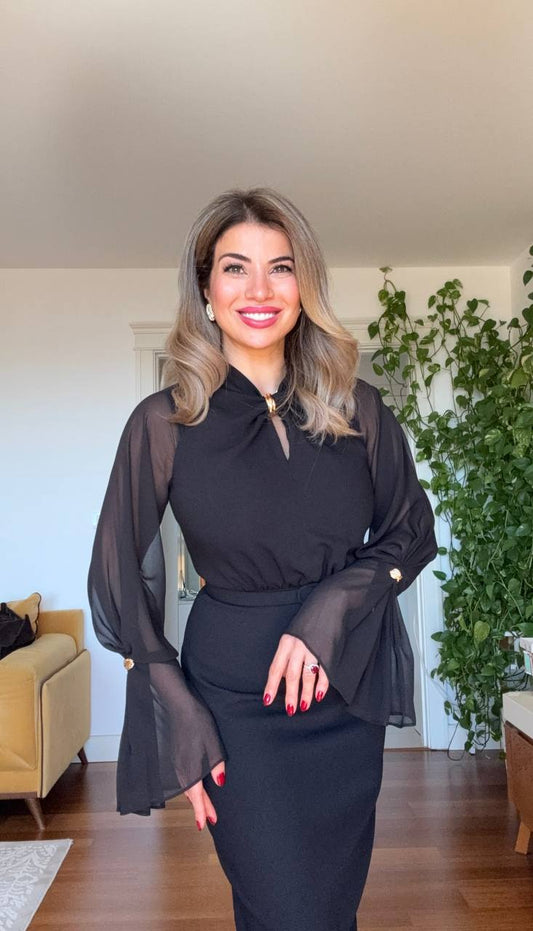 ELEGANT CHIFFON SLEEVE BELTED MIDI DRESS – BLACK