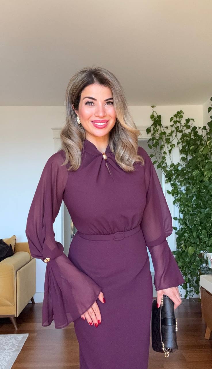 ELEGANT CHIFFON SLEEVE BELTED MIDI DRESS – PLUM