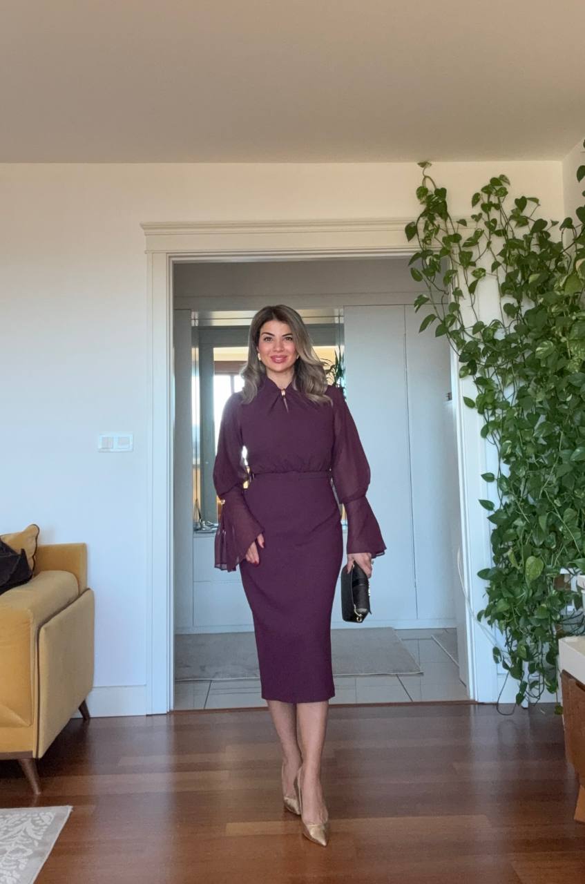 ELEGANT CHIFFON SLEEVE BELTED MIDI DRESS – PLUM