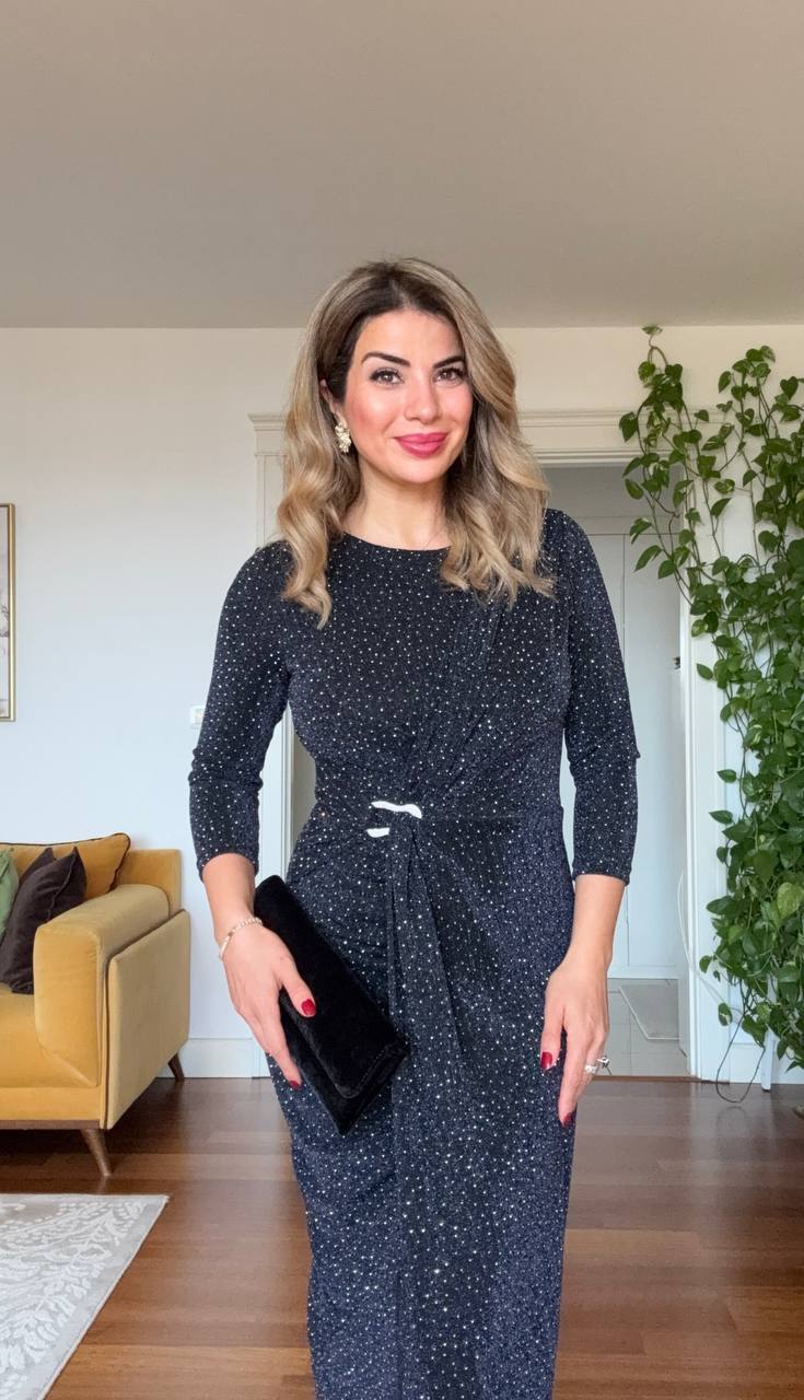 SHIMMERING WRAP DETAIL MIDI DRESS – NAVY BLUE