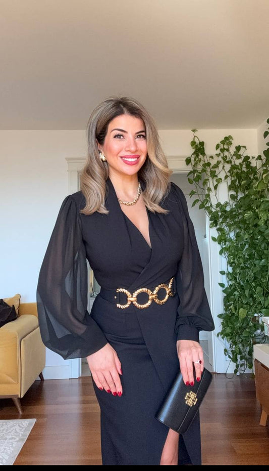 GOLD CHAIN BELTED WRAP DRESS – BLACK