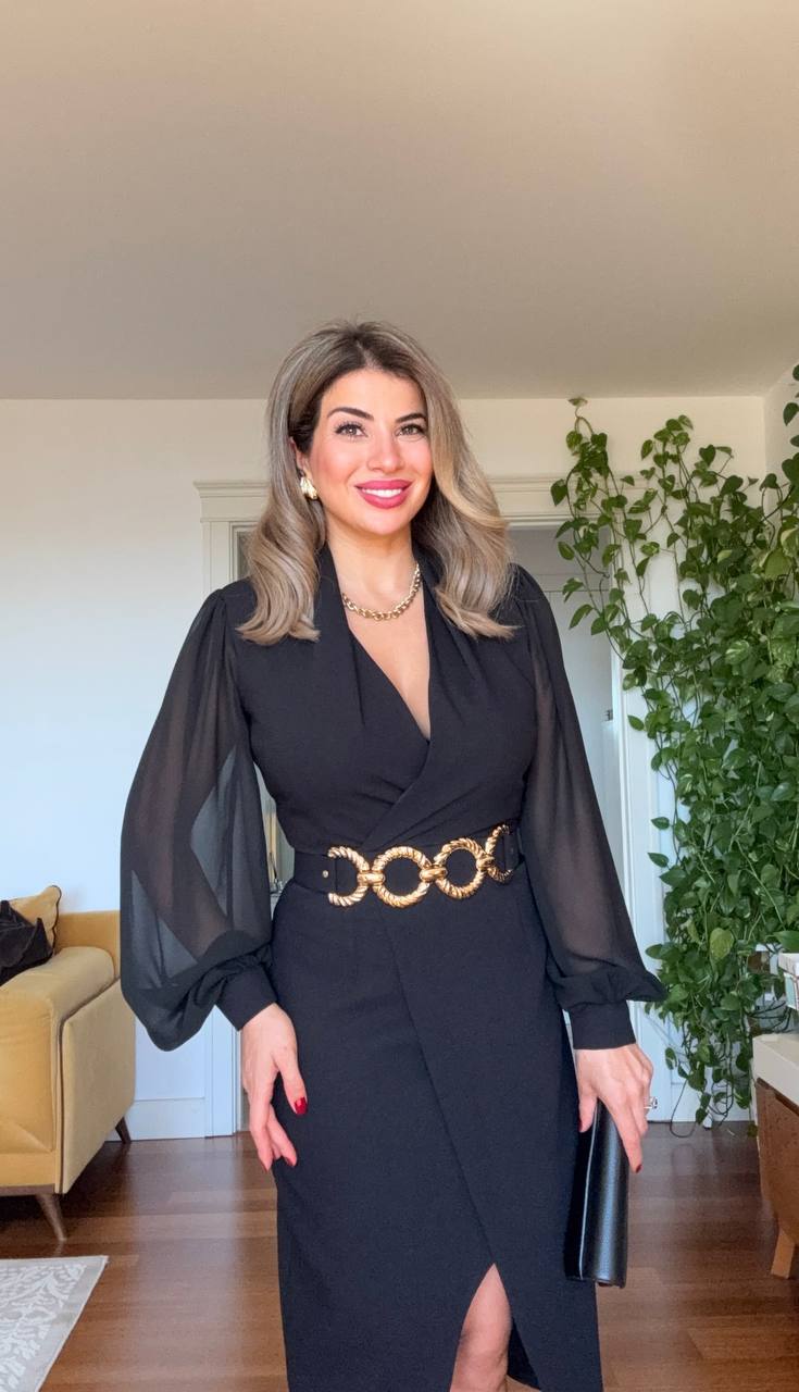 GOLD CHAIN BELTED WRAP DRESS – BLACK