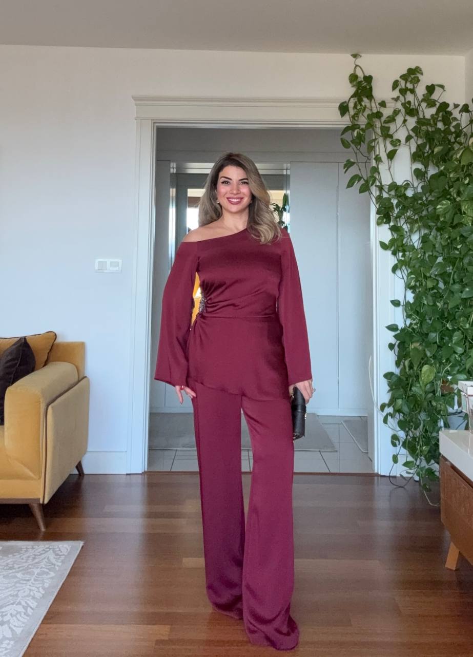 ASYMMETRICAL ONE-SHOULDER EMBELLISHED SUIT – BURGUNDY