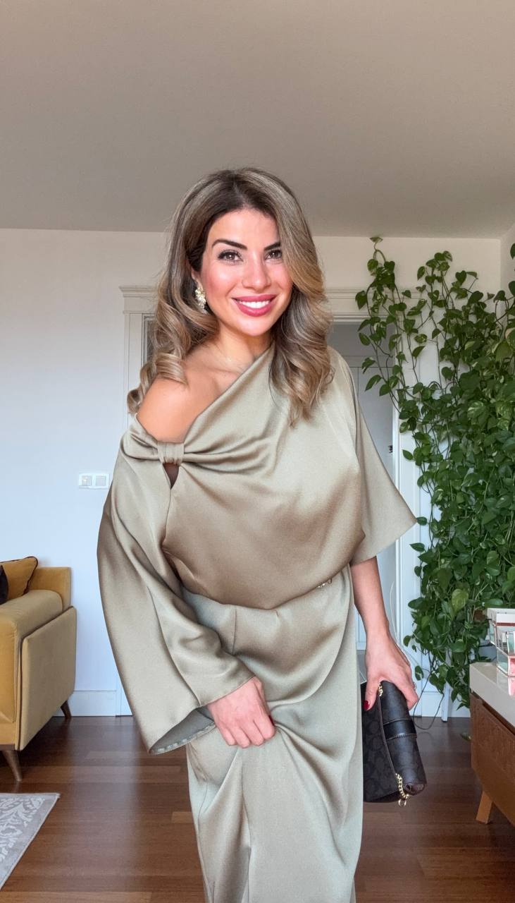 SATIN ASYMMETRICAL DRAPED DRESS – CHAMPAGNE BEIGE