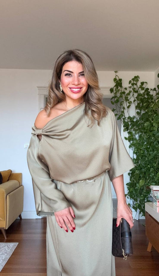 SATIN ASYMMETRICAL DRAPED DRESS – CHAMPAGNE BEIGE