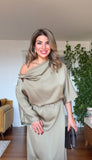 SATIN ASYMMETRICAL DRAPED DRESS – CHAMPAGNE BEIGE