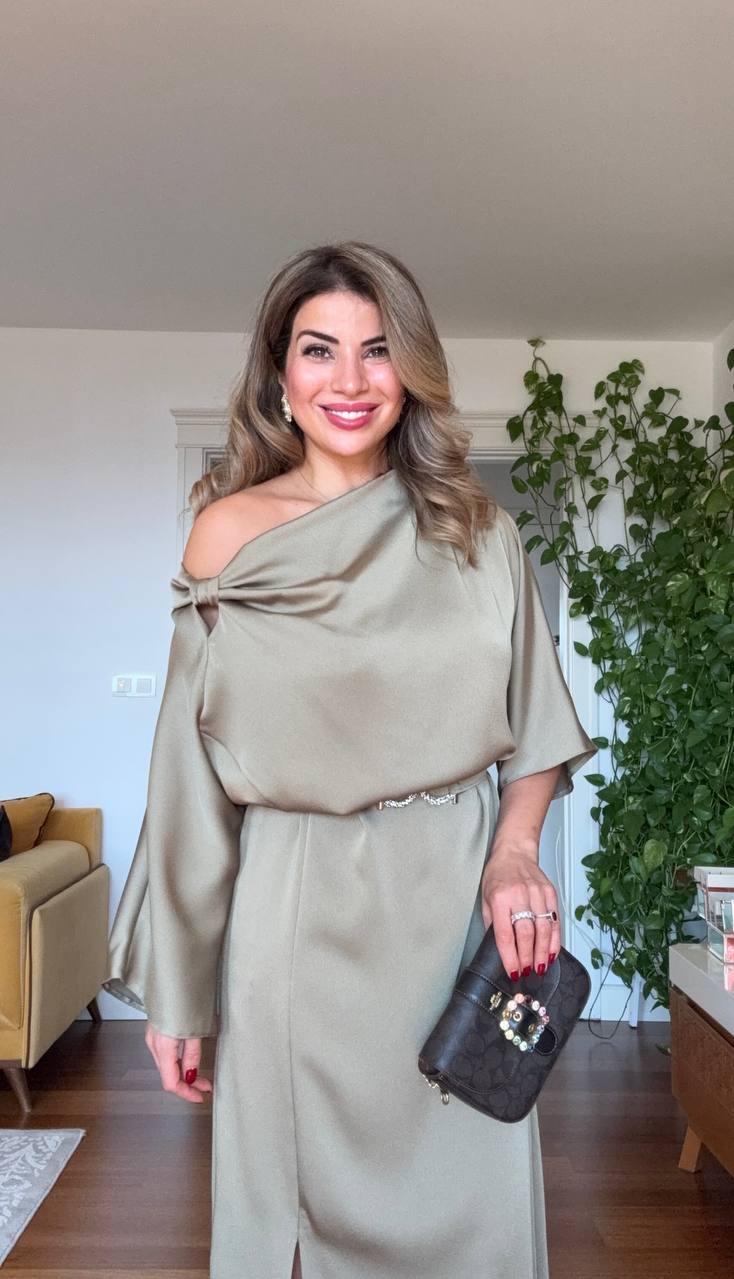 SATIN ASYMMETRICAL DRAPED DRESS – CHAMPAGNE BEIGE