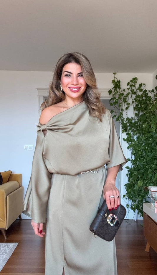 SATIN ASYMMETRICAL DRAPED DRESS – CHAMPAGNE BEIGE