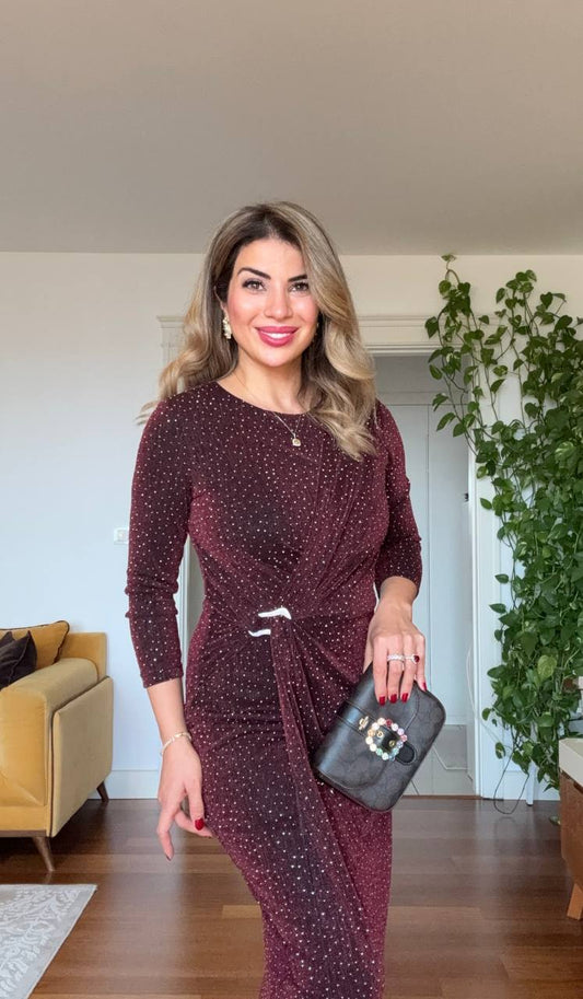 SHIMMERING WRAP DETAIL MIDI DRESS – DEEP PLUM