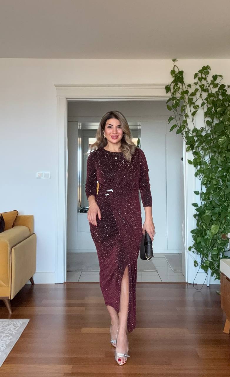 SHIMMERING WRAP DETAIL MIDI DRESS – DEEP PLUM