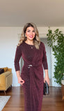SHIMMERING WRAP DETAIL MIDI DRESS – DEEP PLUM