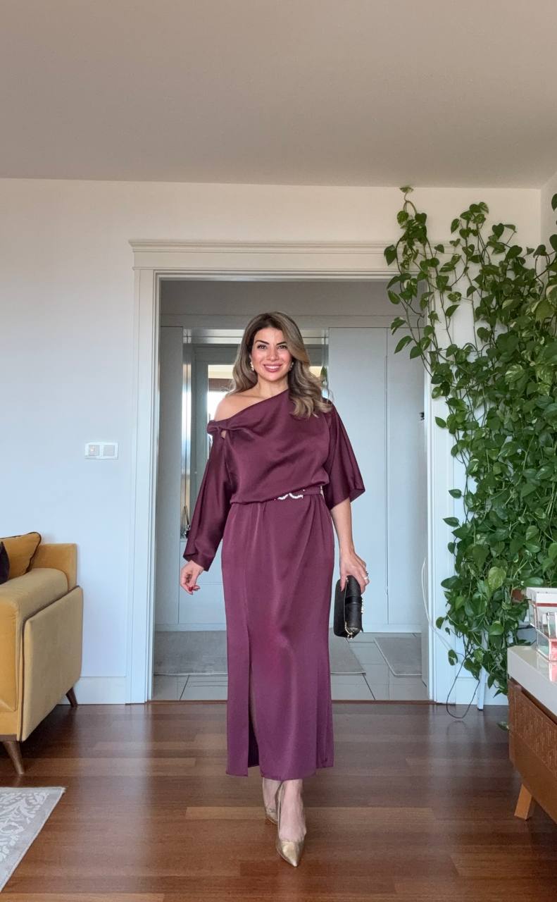 SATIN ASYMMETRICAL DRAPED DRESS – DEEP PLUM