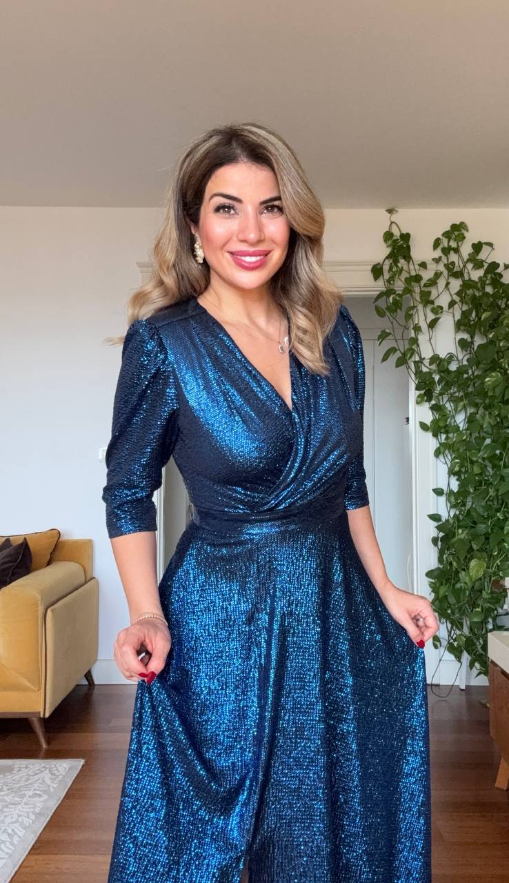 SEQUIN WRAP SHINY MIDI EVENING DRESS – BLUE