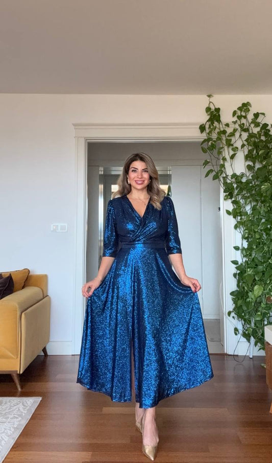 SEQUIN WRAP SHINY MIDI EVENING DRESS – BLUE