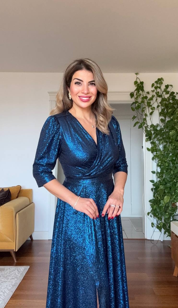 SEQUIN WRAP SHINY MIDI EVENING DRESS – BLUE