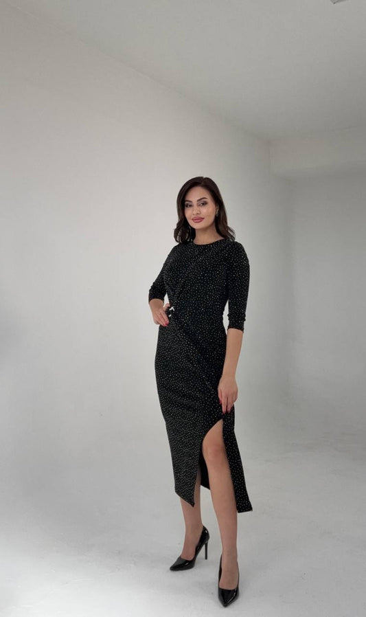 SHIMMERING WRAP DETAIL MIDI DRESS – BLACK