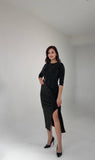 SHIMMERING WRAP DETAIL MIDI DRESS – BLACK
