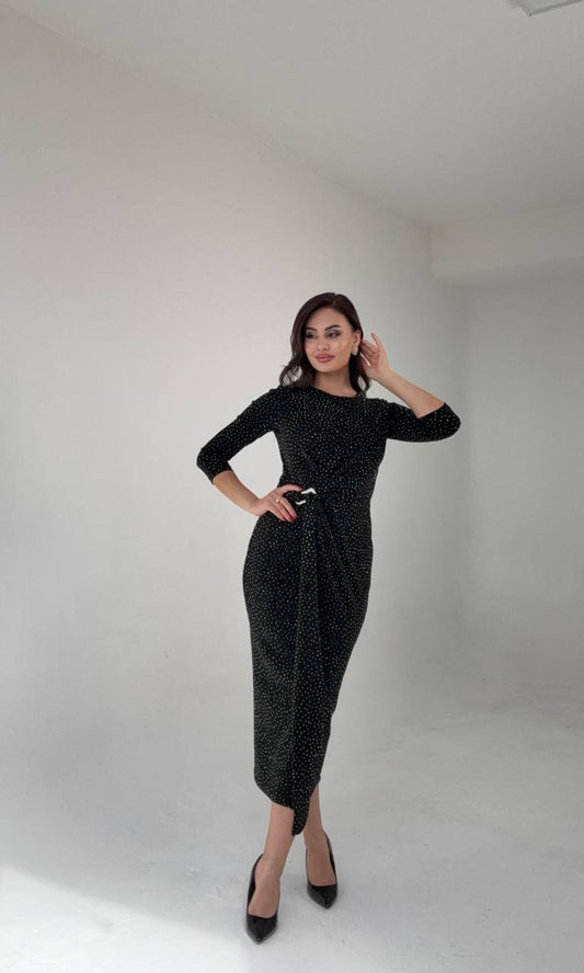 SHIMMERING WRAP DETAIL MIDI DRESS – BLACK